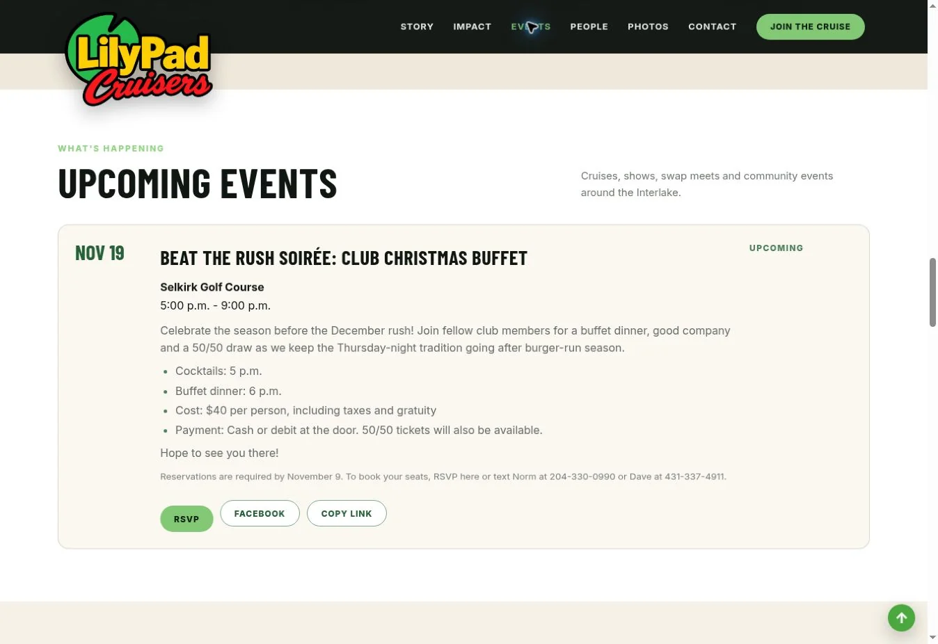 Lily Pad Cruisers upcoming event with date, location, RSVP button and Facebook sharing controls