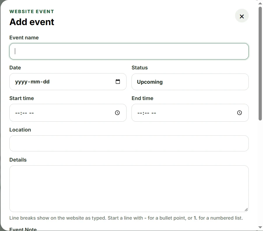 Volunteer event editor with blank fields for event name, date, time, location and details