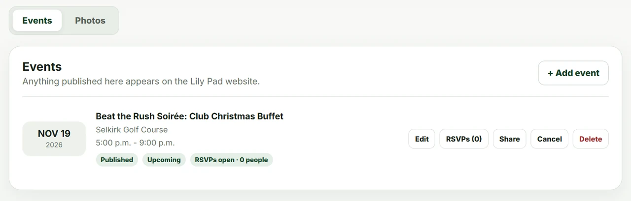 Volunteer event dashboard showing a published club event with edit, RSVP and sharing controls
