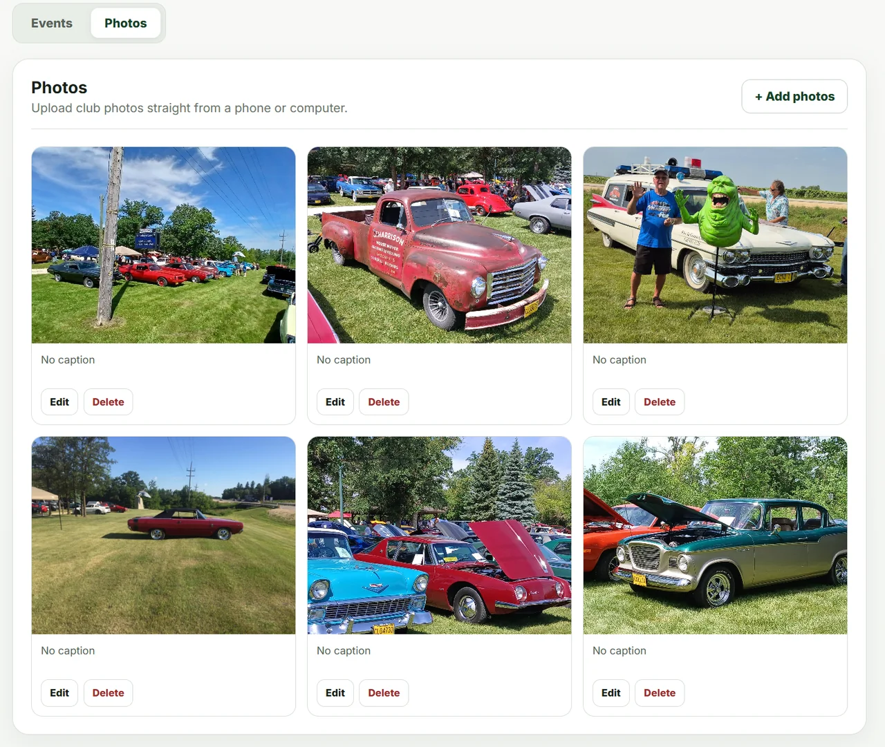 Volunteer photo manager showing club car photos with edit and delete controls