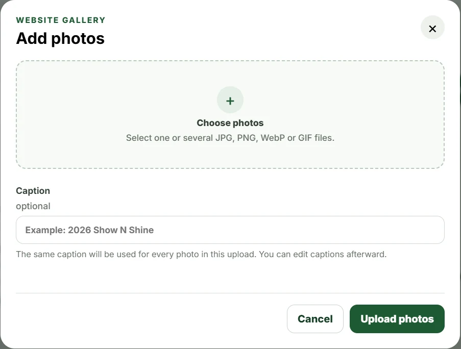 Volunteer photo upload form with a choose photos control and optional caption field